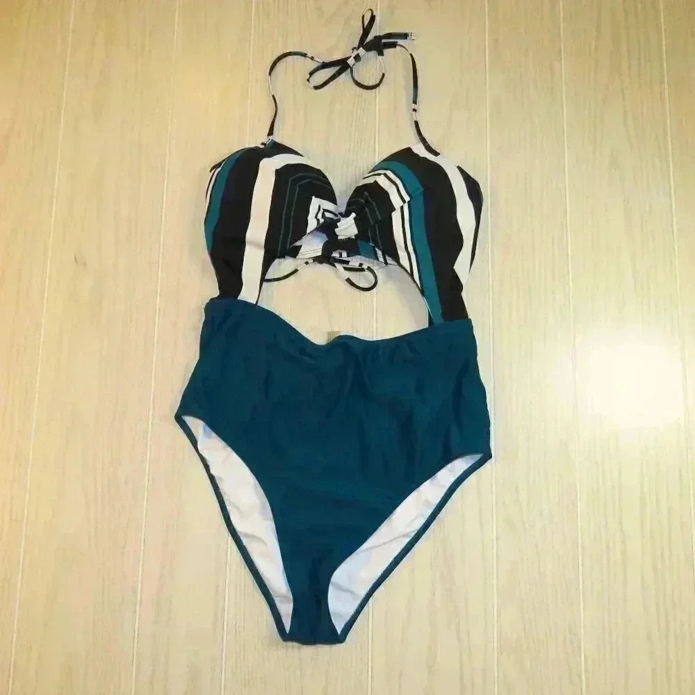 Stripe Cutout Halter Twist One Piece Swimsuit Women Size L - Picture 2 of 7